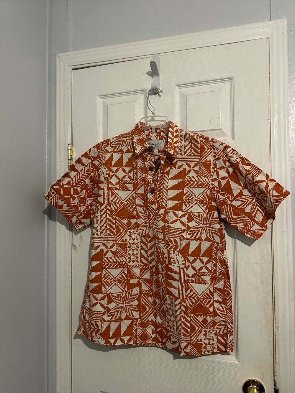 Vintage Bishop St Apparel Hawaiian Shirt Orange Cream Cotton Made in USA